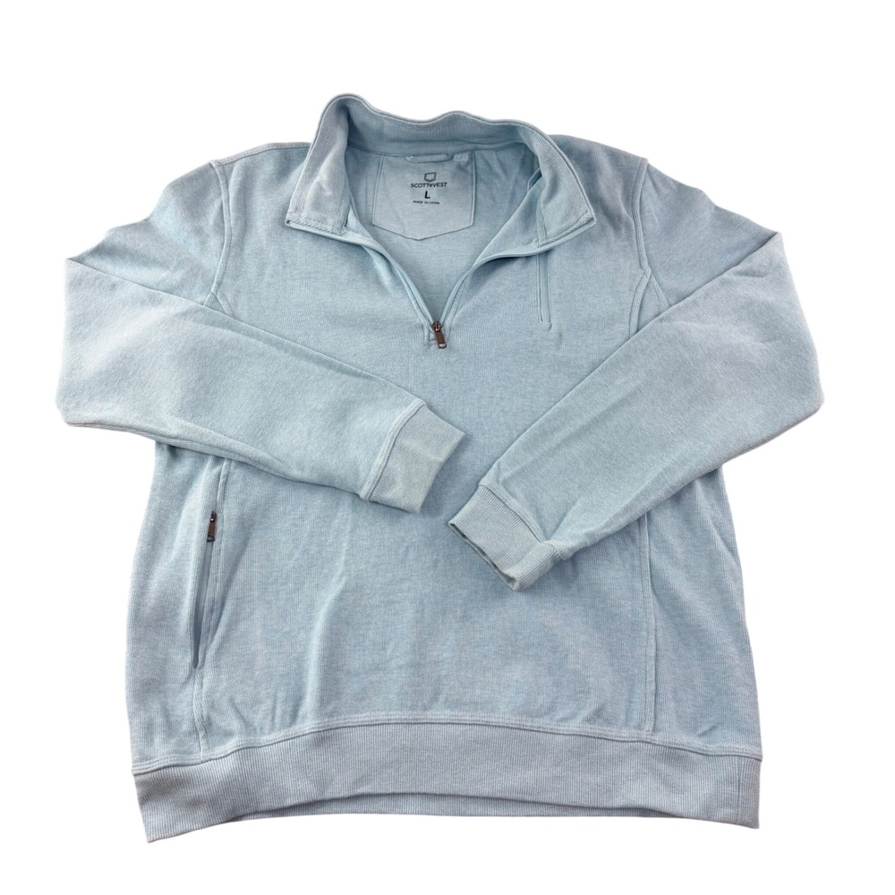 SCOTTeVEST 1/4 Zip Pullover Large Blue Cotton Travel Tech Hidden Pockets Dadcore